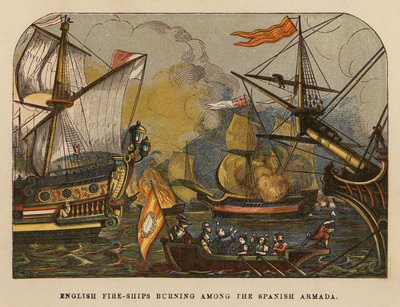 Barcos de fuego ingleses ardiendo entre la Armada española (grabado coloreado) de English School