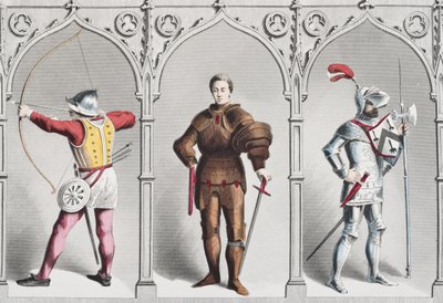 Traje militar inglés a mediados del siglo XV, de The National and Domestic History of England por William Hickman Smith Aubrey, publicado en Londres, c.1890 de English School