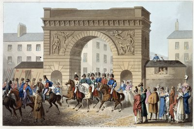 Ingleses y aliados entraron en París en "Anécdotas e incidentes históricos, militares y navales que llegaron a las armas de Gran Bretaña y sus aliados, terminando en Waterloo" por Edward Orme. Ilustrado por Fry, Sutherland, Clark, Dubourg, W.Heart, JA, Atk de English School