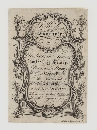 Grabadores de sellos, J Kirk, tarjeta comercial de English School