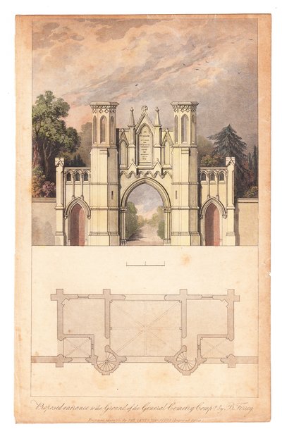 Entrada al Cementerio de Highgate publicada por The Lady Magazine, circa 1839 de English School