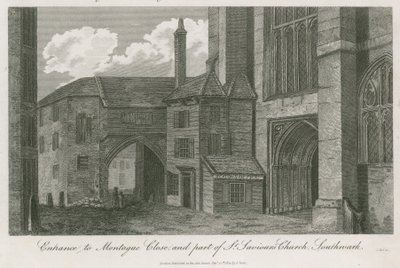 Entrada a Montague Close y parte de la Iglesia de San Salvador, Southwark, Surrey de English School
