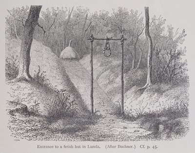Entrada a una choza fetiche en Lunda, de La Historia de la Humanidad, Vol.1, por Prof. Friedrich Ratzel de English School
