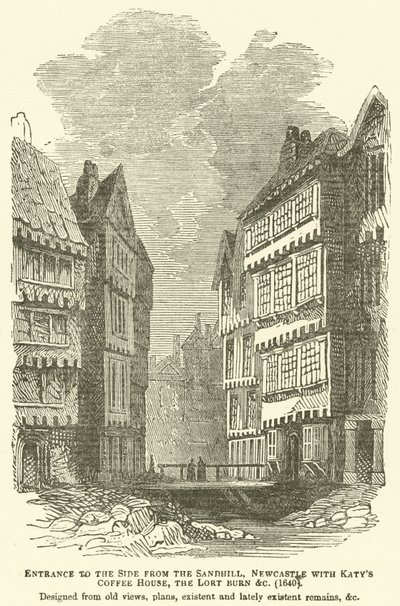 Entrada al Lado desde Sandhill, Newcastle con la Casa de Café de Katy, el Lort Burn, etc., 1640, diseñado a partir de vistas antiguas, planos, restos existentes y recientemente existentes, etc. de English School