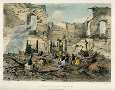 Entrada a la armería, Incendio de la Torre de Londres, 1841 de English School