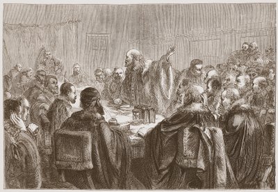 Episcopius dirigiéndose a los miembros del Sínodo de Dort, ilustración de La Historia del Protestantismo de James Aitken Wylie (1808-1890), pub. 1878 de English School