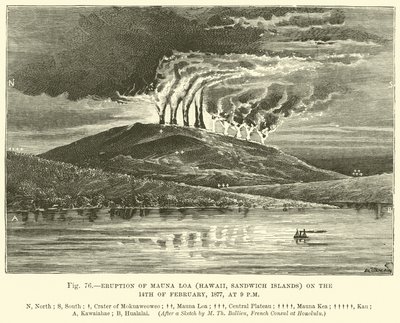 Erupción del Mauna Loa (Hawái, Islas Sandwich) el 14 de febrero de 1877, a las 9 pm de English School