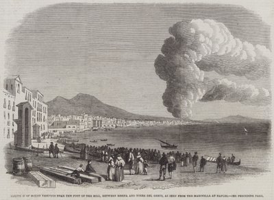 Erupción del Monte Vesubio cerca del Pie de la Colina, entre Resina y Torre del Greco, vista desde la Marinella en Nápoles (grabado) de English School