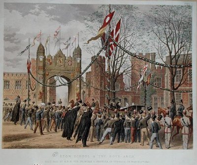 Escuela de Eton y el Arco de los Niños. Visita de S.A.R. la Princesa Alexandra (1844-1925) de Dinamarca, 9 de marzo de 1863 (grabado en color) de English School