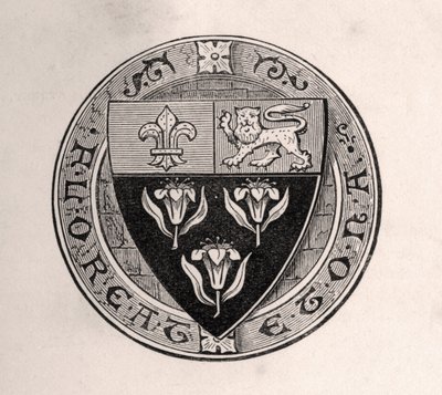 Escudo de Eton sobre un medallón con el lema de la escuela, ilustración de Memorias de Etonianos Eminentes, por Sir Edward Creasy, publicado en Londres 1876 de English School