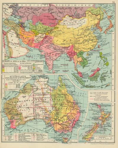 Europa en Asia hasta 1914. Australasia Exploration  Settlement (litografía en color) de English School