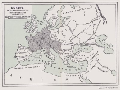 Europa, a principios del siglo IX mostrando el imperio de Carlomagno (litografía en color) de English School