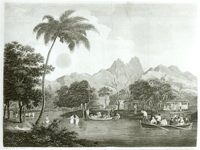 Misioneros europeos en una aldea tahitiana, de Un Viaje Misionero al Océano Pacífico Sur Realizado en los Años 1796-98 en el Barco Duff, publicado en 1799 de English School
