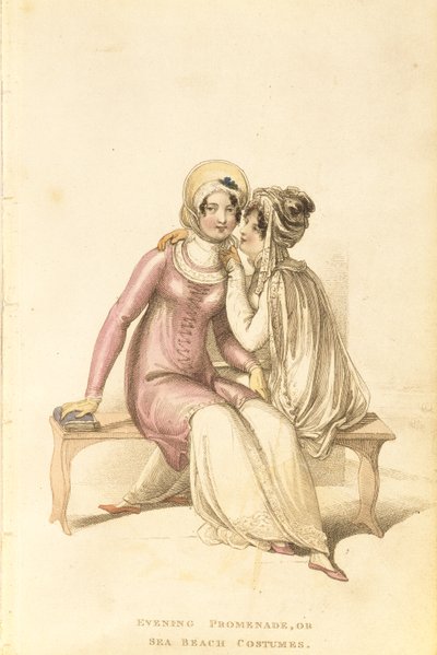 Vestidos de noche, paseo o playa, lámina de moda de Ackermanns Repository of Arts de English School