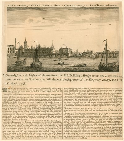 Vista exacta del Puente de Londres desde la conflagración del último puente temporal, 11 de abril de 1758 de English School