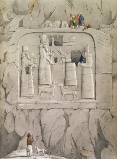 Examinando una escultura rupestre asiria, de "Descubrimientos en las Ruinas de Nínive y Babilonia" por Austen Henry Layard de English School