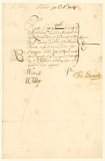 Recibo del Tesoro para la lotería de 1711 de English School