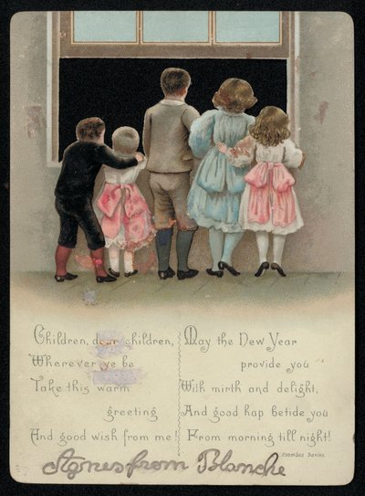 Niños emocionados mirando por la ventana, tarjeta de felicitación de Año Nuevo de English School