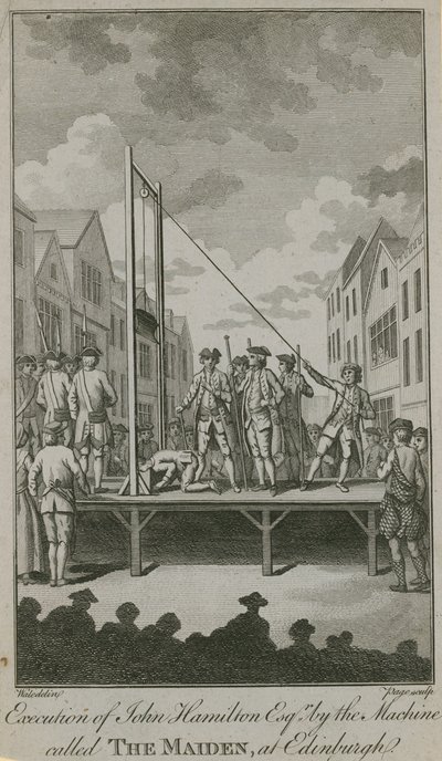 Ejecución de John Hamilton Esq por la máquina llamada La Doncella (grabado) de English School