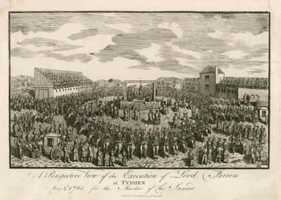 Ejecución de Lord Ferrers en Tyburn, 5 de mayo de 1760, por el asesinato de su mayordomo (grabado) de English School