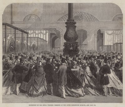 Exposición de los regalos de boda reales en el Museo de South Kensington (grabado) de English School