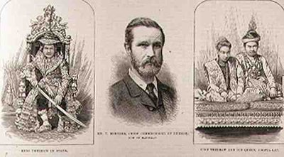 Expedición a la Alta Birmania: El rey Theebaw (1858-1916) en estado, el Sr. T. Bernard, Comisionado Jefe de Birmania, ahora en Mandalay, el rey Theebaw y su reina, Soopya-Lat, de The Illustrated London News de English School