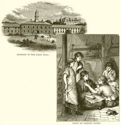 Exterior del Linen Hall. Grupo de trabajadores de fábrica de English School