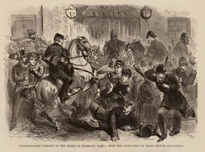 Extraordinaria conducta de la policía en Highbury Barn, cómo los preservadores del orden demostraron ser desordenados (grabado) de English School