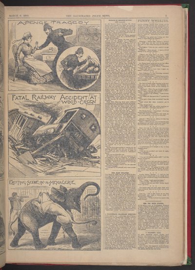 "ACCIDENTE FERROVIARIO MORTAL EN WOOD-GREEN". Illustrated Police News, 9 de marzo de 1895 (papel de periódico) de English School