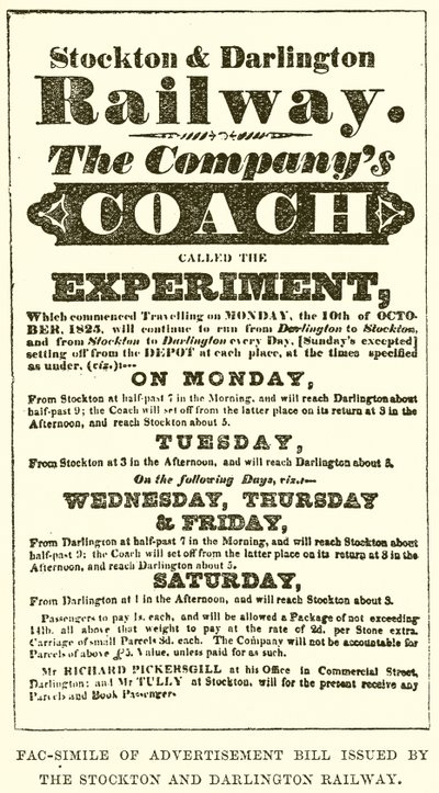 Facsímil del anuncio emitido por el Ferrocarril de Stockton y Darlington de English School