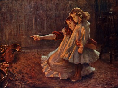 Rostros en llamas: mujer y niño mirando el fuego (litografia en color) de English School