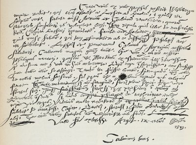 Facsímil de la escritura de Calvino, ilustración de La Historia del Protestantismo de James Aitken Wylie, pub. 1878 de English School