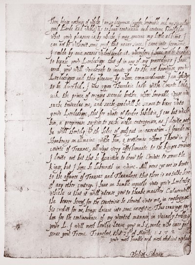 Facsímil de la escritura de Philip Sidney a la edad de 18 años, 23 de marzo de 1572 de English School