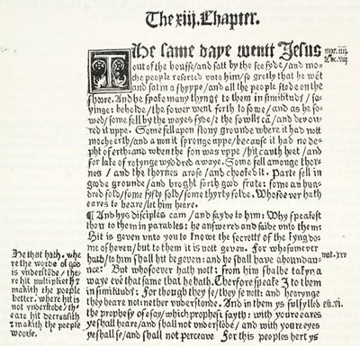 Facsímil del Evangelio de San Mateo, Capítulo XIII, versículos 1-15, del Testamento de Tyndale, ilustración de La Historia del Protestantismo de James Aitken Wylie (1808-1890), pub. 1878 de English School