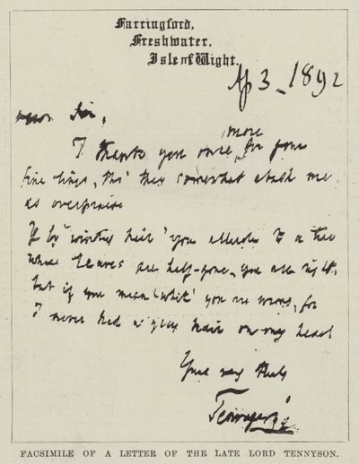Facsímil de una Carta del difunto Lord Tennyson de English School