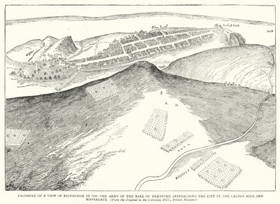 Facsímil de una vista de Edimburgo en 1544, el ejército del conde de Hertford acercándose a la ciudad por Calton Hill y Watergate (grabado) de English School
