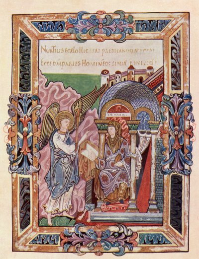 Facsímil de una página del Bendicional de Ethelwold mostrando la Anunciación, del libro La Iglesia de Inglaterra: Una Historia para el Pueblo, publicado c.1910 de English School