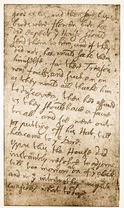 Facsímil de una página de las notas de Sir Ralph Verney sobre el Parlamento Largo de Memoirs of the Verney Family de English School