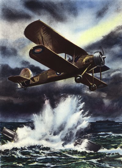Fairey Swordfish hundiendo un submarino en el Mar del Norte de English School