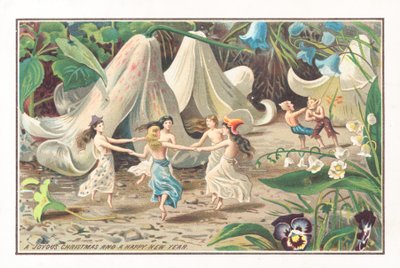 Hadas y duendes bailando, tarjeta de Navidad de English School