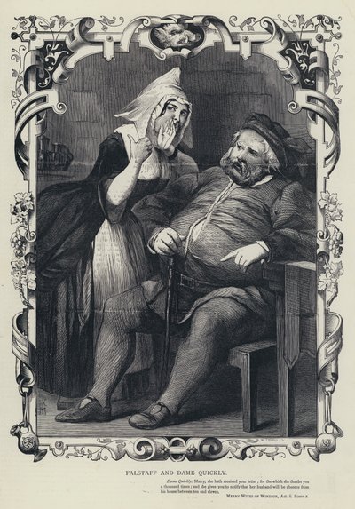 Falstaff y Dame Quickly, Merry Wives of Windsor, Acto ii, Escena 2 (grabado) de English School