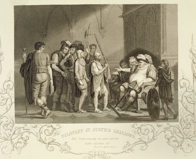 Falstaff en la Justicia Shallows, en Enrique IV (Parte 2) Acto III Escena 2, por William Shakespeare (1564-1616) de English School
