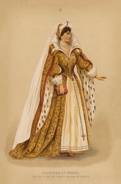 Disfraces: Condesa de Argyll, en tiempos de María, Reina de Escocia (litografía en color) de English School