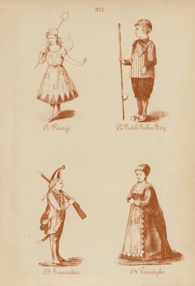 Disfraces: Hada, Pescador holandés, Granadero, Vandyke (litografía) de English School