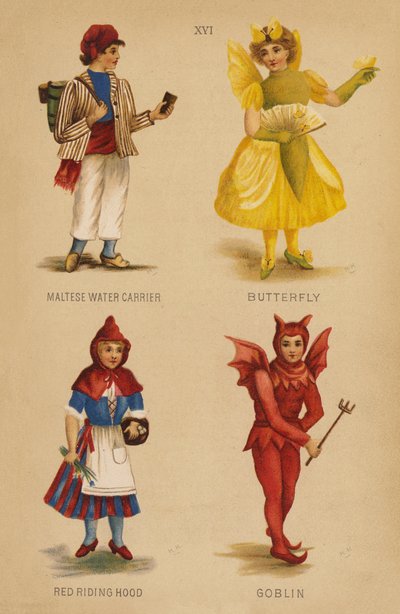 Disfraces: Aguador Maltés, Mariposa, Caperucita Roja, Duende (litografía en color) de English School