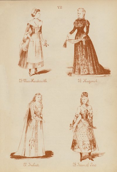 Disfraces: Miss Hardcastle, Hugenol, Julieta, Juana de Arco (litografía) de English School