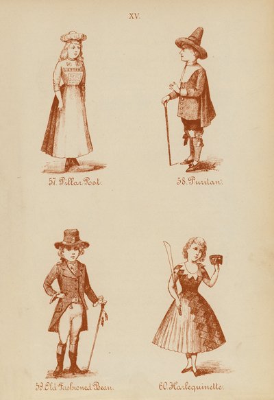 Disfraces: Pillar Post, Puritano, Old Fashioned Bean, Arlequinette (litografía) de English School