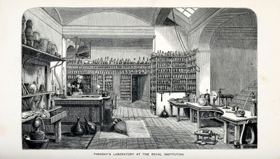 Laboratorio de Faraday en la Royal Institution, pub. 1870 de English School