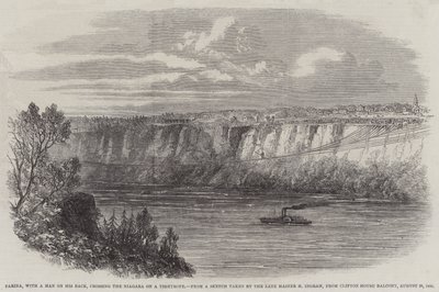 Farina, con un hombre en su espalda, cruzando el Niágara en una cuerda floja, desde el balcón de Clifton House, 29 de agosto de 1860 de English School
