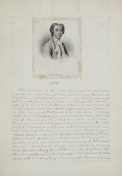 Farinelli, grabado por Henry Adlard (fl.1828-69), c.1830 (grabado y pluma y tinta sobre papel) de English School